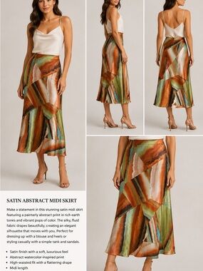 Abstract Satin Midi Skirt in Multi Earth Tones